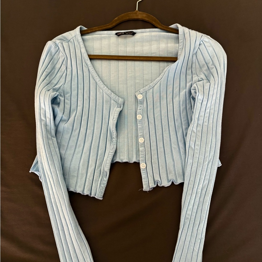 SHEIN Light Blue Button Down Ribbed Top